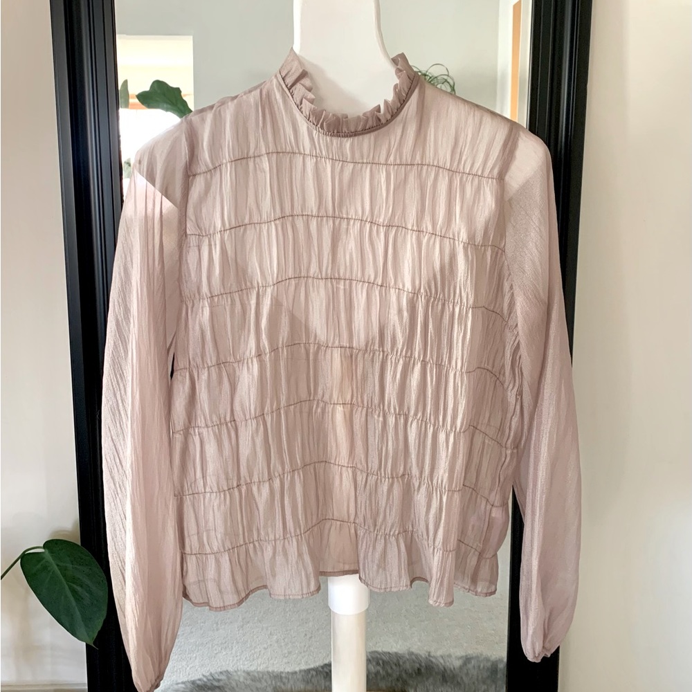 JUST FEMALE Sheer Taupe Long Sleeve High Ruffled Collar Blouse
